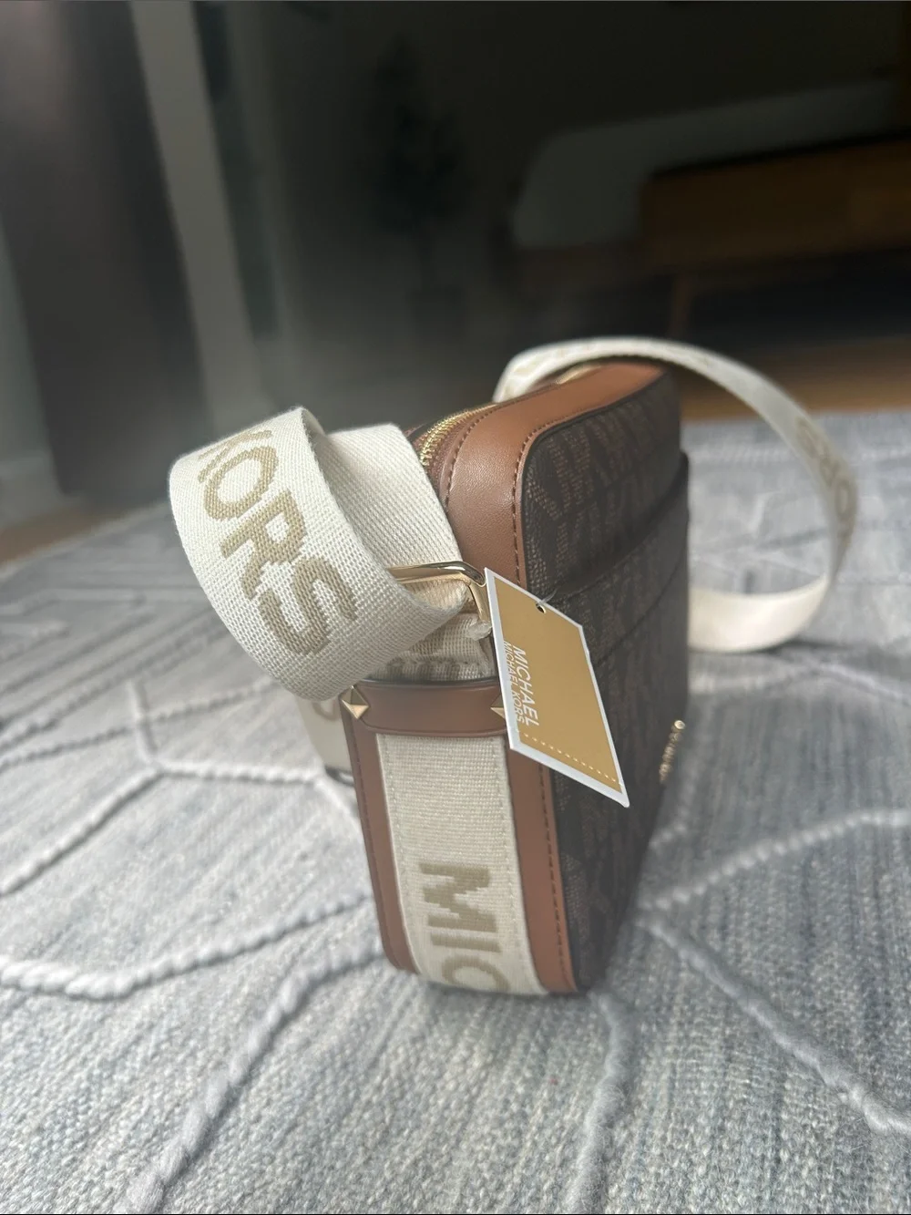 NWT Michael Kors Maeve Brown MK Logo Messenger Bag with Adjustable Cream Strap